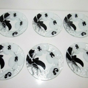 Handpainted White & Black Floral Design Clear Glass Salad/dessert Plate Set of 6