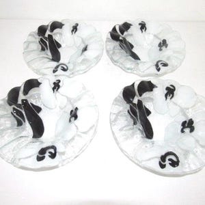 Handpainted White & Black Floral Design Clear Glass Salad/dessert Plate Set of 4