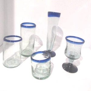 Set Of 5 Mexican Recycled Hand Blown Artisan Mix Glasses w/Cobalt Blue Rim