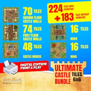 224 Ultimative Schloss TILES PAKET 6x6 für Brettspiele und RPGs. DRUCK&Spiel. Digitale Dateien. Dungeon and Dragons Gaming Zubehör.