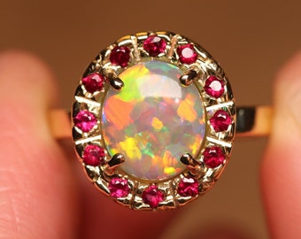 Natural solid Australian Opal - Ring - Handmade - Crystal Opal Halo Ring - Solid 18k Gold - Rubies - Gift