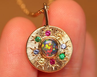 Natural solid Australian Opal - Necklace - Handmade - Sunray Multi-coloured Halo Opal Pendant - Solid 18k Gold - Sapphires & Emeralds - Gift