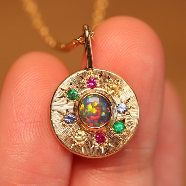 Natural solid Australian Opal - Necklace - Handmade - Sunray Multi-coloured Halo Opal Pendant - Solid 18k Gold - Sapphires & Emeralds - Gift