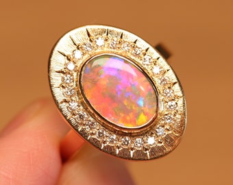 Natural solid Australian Opal - Ring - Handmade - Sunray Halo Pastel Opal Ring - Solid 18k Gold - Diamonds - Gift