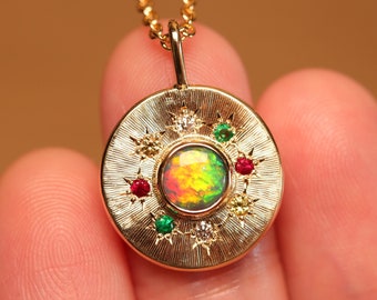 Natural solid Australian Opal - Necklace - Sunray Multi-coloured Halo Opal Pendant - Solid 18k Gold - Sapphires Diamonds & Emeralds - Gift