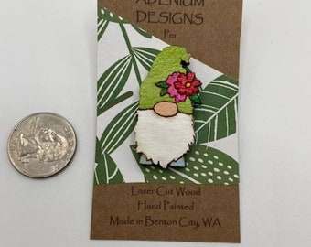 Wooden hand painted Gnome pin