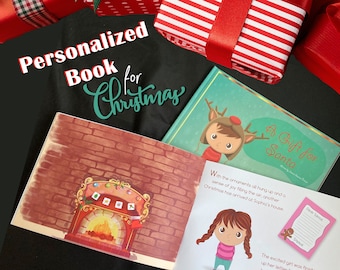 May include: A children's book titled "A Gift for Santa" is open to a page with illustrations of a girl and a fireplace. The cover of the book is teal with a reindeer girl. The words "Personalized Book for Christmas" are above the book.