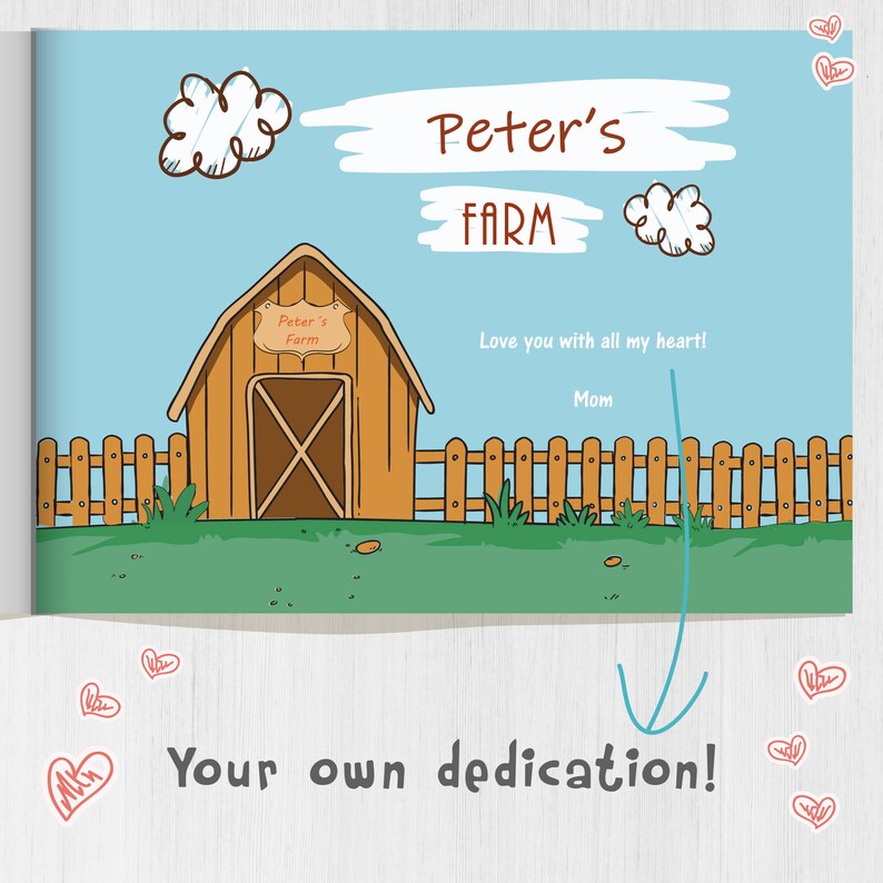 May include: A cartoon illustration of a brown barn with a sign that reads "Peter's Farm". The barn is surrounded by a wooden fence and green grass. The sky is blue with white clouds. The text "Peter's Farm" is written in brown letters on a white background. The text "Love you with all my heart! Mom" is written in black letters on a white background. The text "Your own dedication!" is written in black letters on a white background.