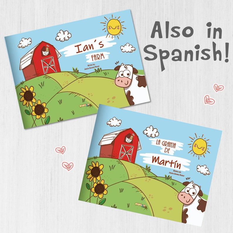 May include: Two illustrated children's book covers with a farm theme. The first cover features a red barn, a cow, sunflowers, and the title "Ian's Farm". The second cover features a red barn, a cow, sunflowers, and the title "La Granja de Martin".