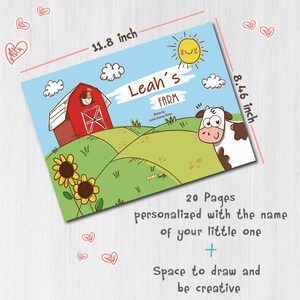 May include: A personalized children's book cover with a red barn, green hills, a yellow sun, and a cow. The book title is "Leah's Farm" and the text says "20 Pages personalized with the name of your little one + Space to draw and be creative."