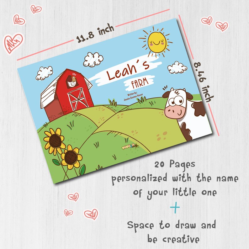 May include: A personalized children's book cover with a red barn, green hills, a yellow sun, and a cow. The book title is "Leah's Farm" and the text says "20 Pages personalized with the name of your little one + Space to draw and be creative."