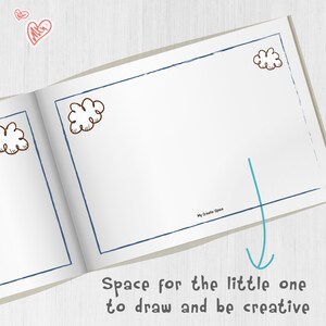 May include: An open blank book with a blue border and a white background. The book has a small cloud drawing in the top right corner. The text "My Creative Space" is printed in the bottom right corner. The book is open to a blank page with a blue arrow pointing down to the text "Space for the little one to draw and be creative".