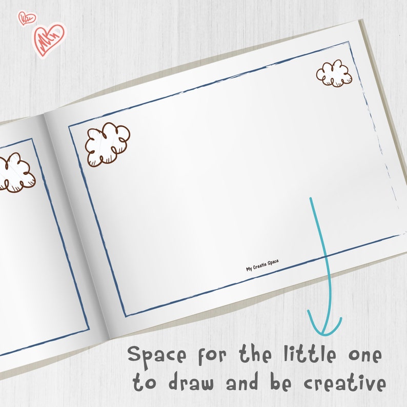 May include: An open blank book with a blue border and a white background. The book has a small cloud drawing in the top right corner. The text "My Creative Space" is printed in the bottom right corner. The book is open to a blank page with a blue arrow pointing down to the text "Space for the little one to draw and be creative".