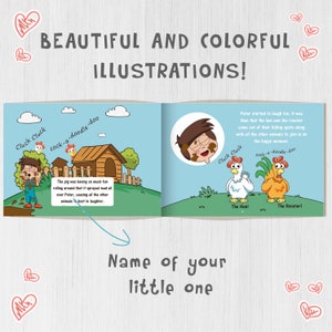 May include: A colorful children's book illustration with a pig covered in mud, a hen, a rooster, and a child with mud on their face. The text reads "Cluck Cluck, cock-a-doodle-doo".