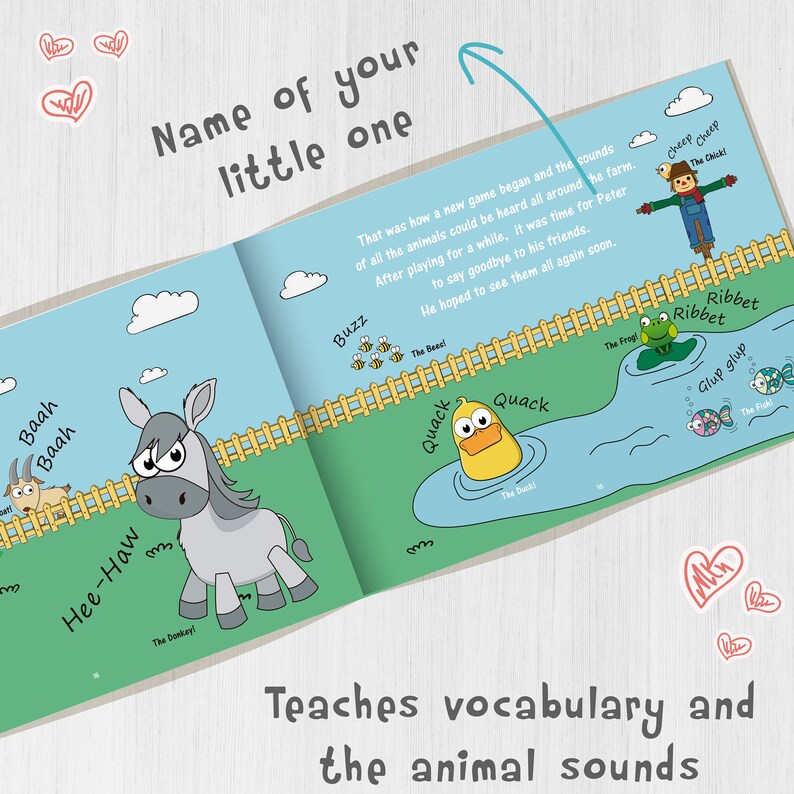May include: A colorful children's book with illustrations of farm animals and their sounds. The book features a donkey, a goat, a bee, a duck, a frog, and a chick. The text on the cover reads "Name of your little one".