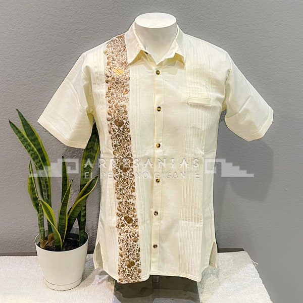 Beige & Gold Short Sleeve Guayabera, Handmade artisan designer embroidery formal dress shirt for men | Guayabera de Lino hecha a mano