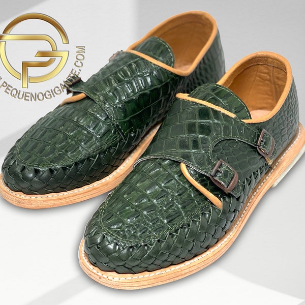Green Mens Monk Strap Croc Leather Shoe Handmade Mexican Monk Slip On Strap Leather Stamp Green Crocodile Huarache Strap Slip On Shoe