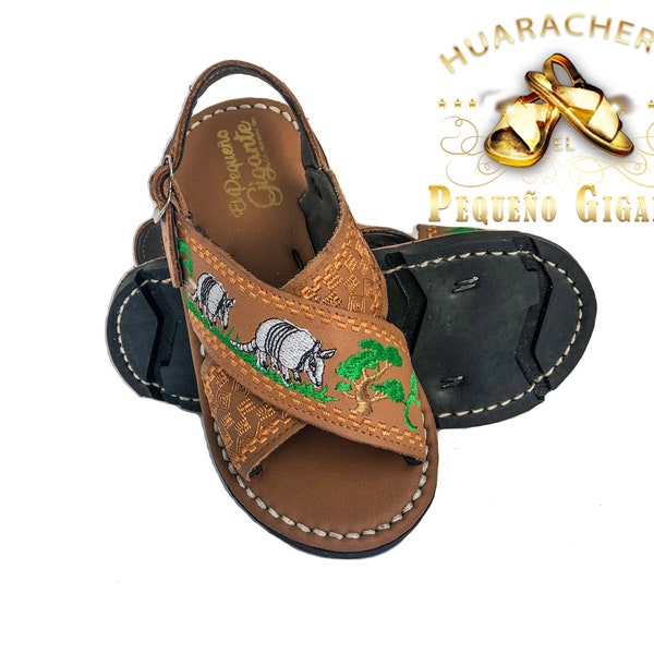 Huarache para Ninos Armadillo Café Bordado Suela de Llanta Nueva | Kids Mexican sandals