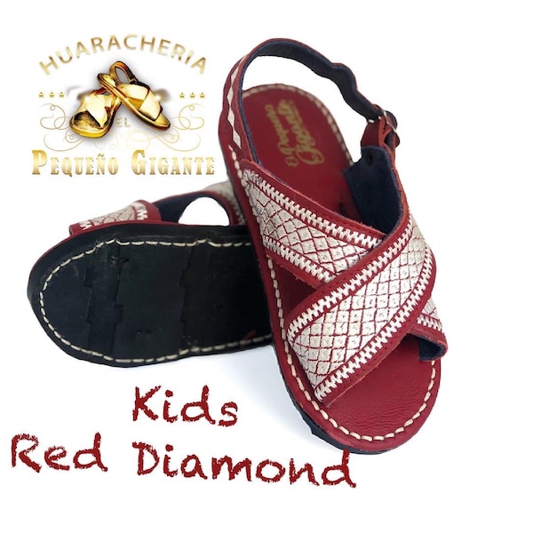 Burgundy Diamond Niño Huarache Bordado Suela de Llanta Nueva | Kids Mexican sandals