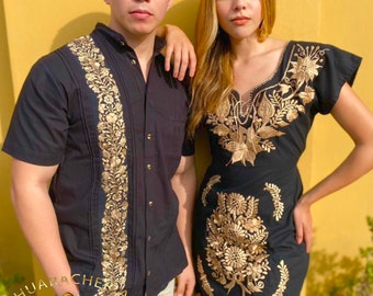 Elegant black and gold Guayabera, Handmade artisan designer embroidery formal dress shirt for men | Guayabera de manta hecha a mano