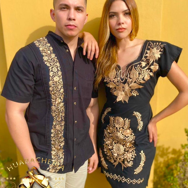 Elegant black and gold Guayabera, Handmade artisan designer embroidery formal dress shirt for men | Guayabera de manta hecha a mano