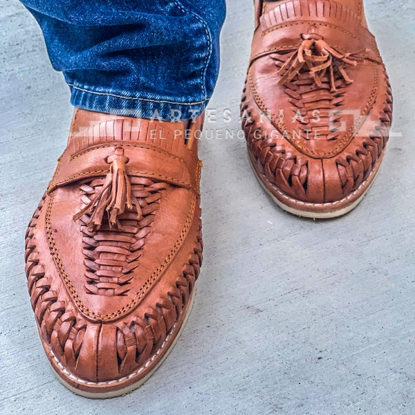 Loafer Mens Brown Shoes Handmade Mexican Huarache Slip On Leather Tassel Brown Leather Shoe Zapato para hombre Huarache de Piel Mexicano