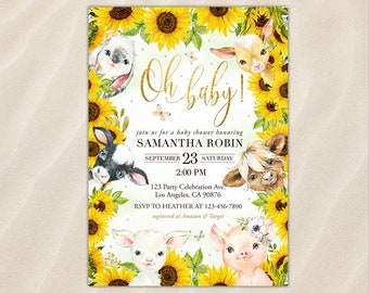 Boerderij baby shower uitnodiging boerderij dieren thema koe schapen geit varken uitnodigen boerenerf zonnebloemen genderneutraal voor jongen of meisje bewerkbare Canva