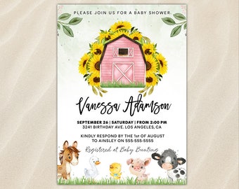 Farm Baby Shower Invitation Farm Animals Theme Invite Red Barnyard Sunflowers Barn Gender Neutral For Boy Girl Editable Instant Print Canva