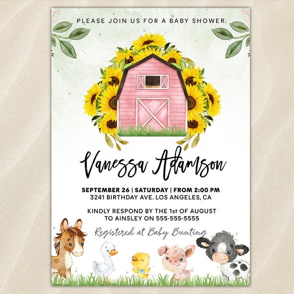 Farm Baby Shower Invitation Farm Animals Theme Invite Red Barnyard Sunflowers Barn Gender Neutral For Boy Girl Editable Instant Print Canva