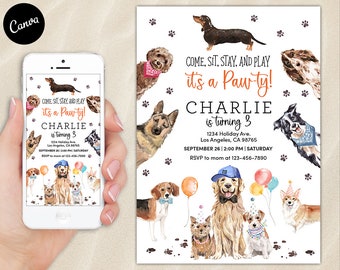 Faire-part d'anniversaire de chien, inviter des chiots pour animaux de compagnie, fête à thème Garçon Fille Evite modifiable Téléphone portable E-mail électronique SMS E texte Canva