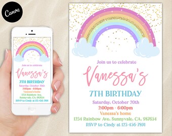 Invitation d'anniversaire arc-en-ciel, nuages, fête des filles, invitation amusante, étoiles dorées, pastel coloré, Evite, email mobile, SMS, texte canva Girl