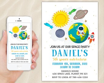 Invitation d'anniversaire dans l'espace, invitation à une fête, étoiles, planètes, fusée, astronaute, galaxie, décoller, Evite, mobile, e-mail électronique, E, texte, toile