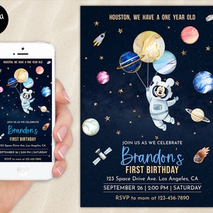 Mickey Mouse Astronaut First Birthday Invitation Outer Space 1st Party Invite Stars Planets Galaxy Blast Off Evite Mobile Email E Text Canva