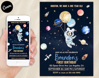 Mickey Mouse Astronaut First Birthday Invitation Outer Space 1st Party Invite Stars Planets Galaxy Blast Off Evite Mobile Email E Text Canva