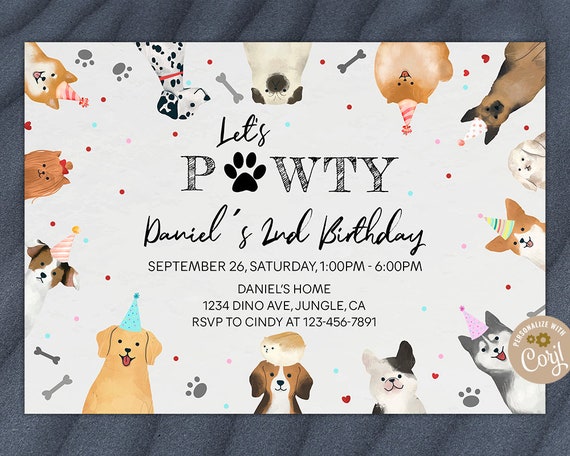 Lets Pawty Birthday Invitation Editable Girl Puppy Dog 