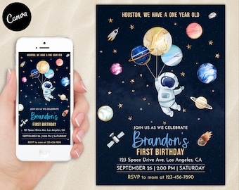 Faire-part pour premier anniversaire dans l'espace, invitation à une première fête, étoiles, planètes, fusée, astronaute, galaxie, décollage, Evite, mobile, e-mail, texte électronique, toile