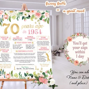 Tablero de letreros del 70 cumpleaños para cumpleaños o aniversario Hace 70 años Póster en 1954 Impresión imprimible Regalo personalizado Digital o impreso