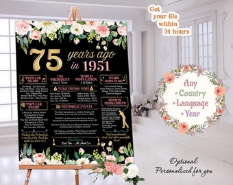 Panneau 75e anniversaire pour un anniversaire il y a 75 ans, affiche en 1951, impression imprimable, cadeau personnalisé, numérique ou imprimé