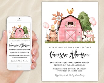 Farm Baby Shower Invitation Farm Animals Theme Invite Red Barnyard Barn Gender Neutral Mobile Text Editable Electronic Instant Print Canva