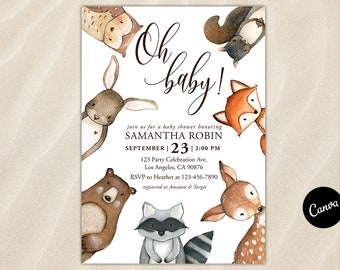 Invitation baby shower des bois, verdure mignonne, animaux sauvages de la forêt invitent Zoo Oh garçon fille Modèle de toile imprimable modifiable Téléchargement immédiat