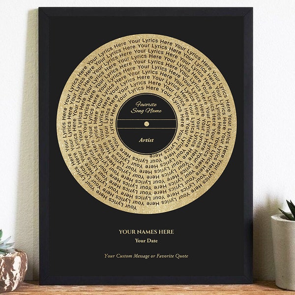 Custom Vinyl Lyrics Print Favourite Song Personalized Music Poster Album Cover Record Gift Anniversary Wedding Day Present First Dance Gold