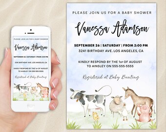 Farm Baby Shower Invitation Farm Animals Theme Blue Invite For Boy Mobile Text Editable Print Electronic Instant Download Printable Canva