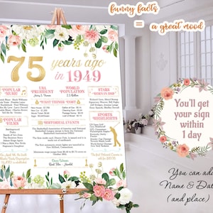 Tablero de letreros del 75 cumpleaños para cumpleaños o aniversario Hace 75 años Cartel en 1949 Impresión imprimible Regalo personalizado Descarga instantánea