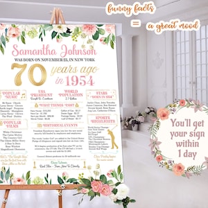 Tablero de letreros del 70 cumpleaños para cumpleaños o aniversario Hace 70 años Cartel en 1954 Impresión imprimible Regalo personalizado Descarga instantánea