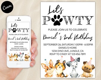 Faire-part d'anniversaire de chien pour bébé, chiot, invite Pawty, fête à thème pour animal de compagnie, garçon fille, modifiable Evite, téléphone portable, e-mail électronique, SMS, texte