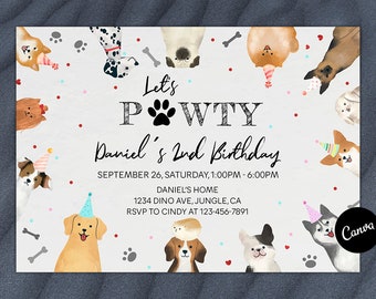 Peut inclure: Une invitation colorée pour une fête d'anniversaire sur le thème des chiens. L'invitation présente une empreinte de patte et le texte "Let's PWTY Daniel's 2nd Birthday". L'invitation comprend également la date, l'heure et le lieu de la fête.