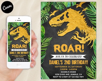 Faire-part d'anniversaire dinosaure Dino, invitation à une fête tyrannosaure T-Rex Evite modifiable, téléphone portable, email, SMS électronique, modèle canva