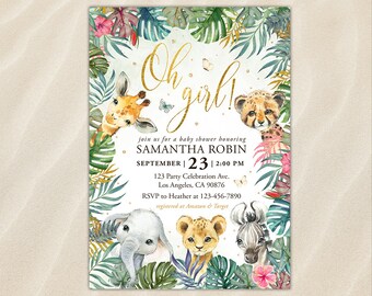 Invitation baby shower jungle verdure animal de zoo sauvage un safari africain inviter toile impression modifiable téléchargement immédiat imprimable Oh Girl