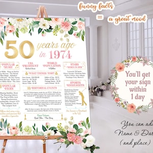 50e verjaardag bord voor verjaardag of jubileum 50 jaar geleden poster terug in 1974 afdrukbare print gepersonaliseerd cadeau digitaal of gedrukt