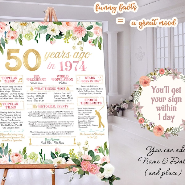 50th Birthday Sign Board For Birthday or Anniversary 50 Years Ago Poster Back In 1974 Printable Print Personalized Gift Digital or Printed